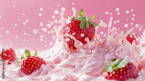 Powerful milk liquid explosion, strawberry, pink Background, 