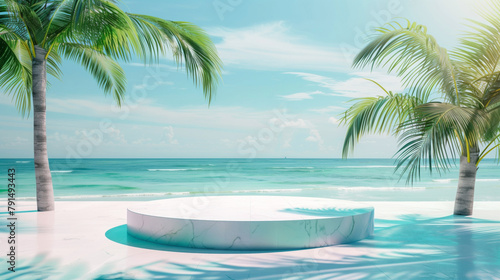 A tranquil luxury beach view with palm trees and a white marble platform.