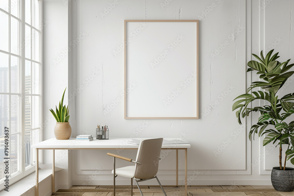 Fototapeta premium Bright, airy office setting with sleek design and a blank white frame, encouraging focus and productivity.