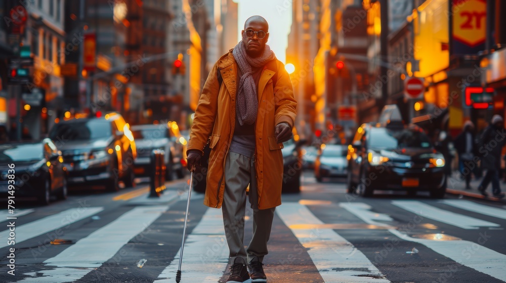 Visually impaired man confidently crosses a busy city intersection at sunset, guided by his white cane, wearing a stylish yellow coat. Visually impaired man confidently crosses a busy city intersection at sunset, guided by his white cane, wearing a stylish yellow coat.
