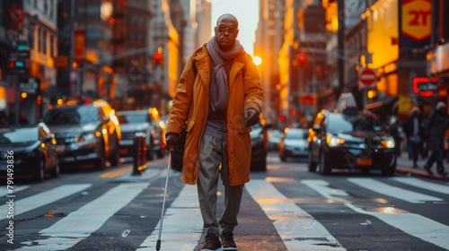 Visually impaired man confidently crosses a busy city intersection at sunset, guided by his white cane, wearing a stylish yellow coat. photo