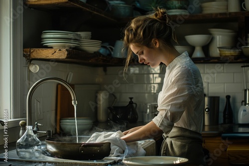 Kitchen Elegance: Woman Washing Dish with Care photo