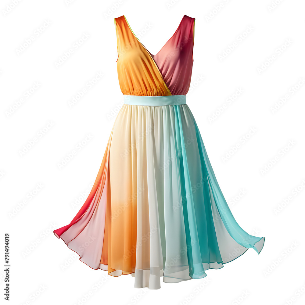 Multicolored summer chiffon dress. Light transparent dress with belt. Multicolored summer chiffon dress. Light transparent dress with belt.