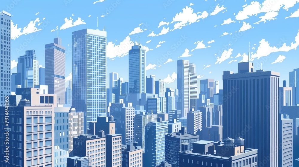 High rise city buildings and skyscrapers agaisnt blue sky and clouds real estate business illustration in light blue