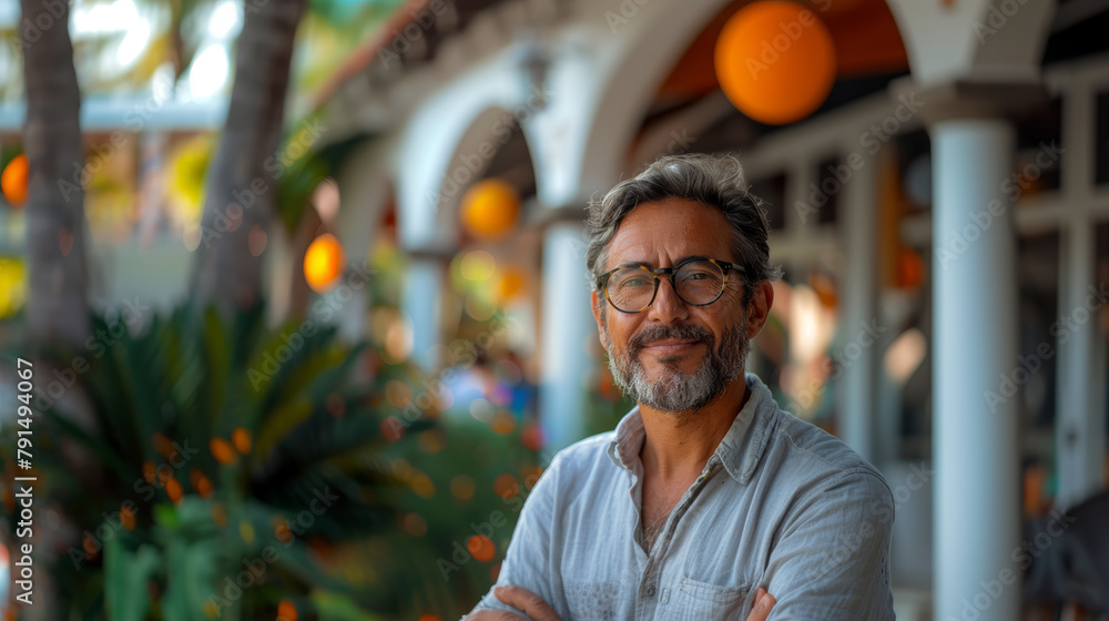 Joyful, mature man wearing spectacles, smiling comfortably in a vibrant, tropical resort environment. Joyful, mature man wearing spectacles, smiling comfortably in a vibrant, tropical resort environment.