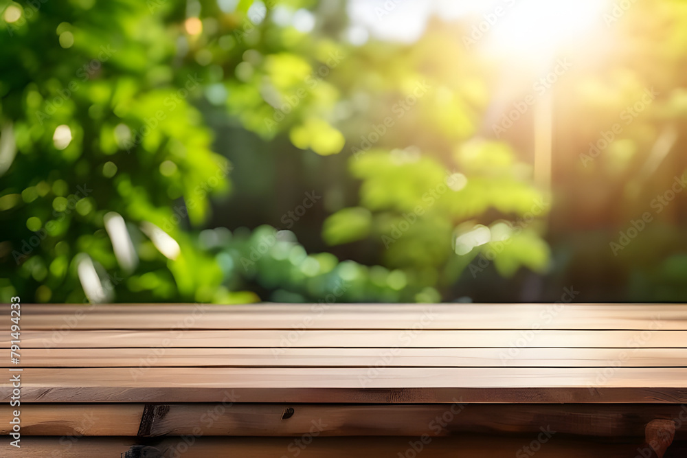 empty wooden surface for display or product showcase with blurry nature scene background empty wooden surface for display or product showcase with blurry nature scene background