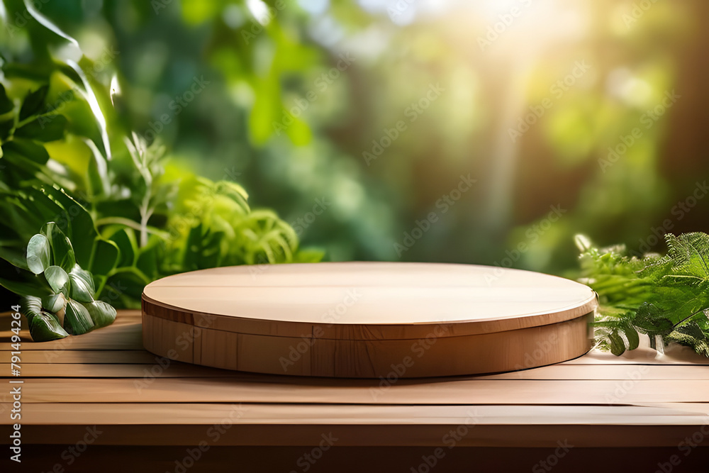 wooden podium for display or product showcase with blurry nature scene background wooden podium for display or product showcase with blurry nature scene background