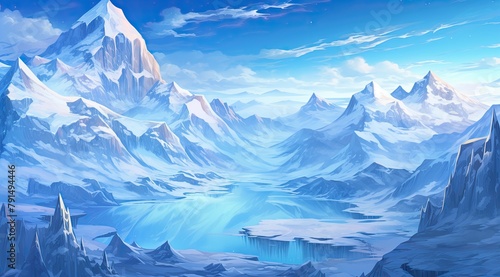 Majestic winter peaks with ice crystals under a clear blue sky