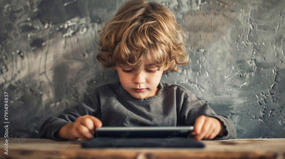 Young boy with tablet, grey textured background, digital learning, concentration. Young boy with tablet, grey textured background, digital learning, concentration.