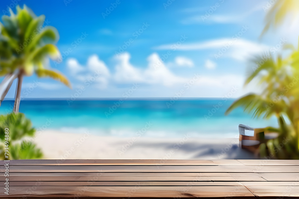 empty wooden table for display or product showcase with blurry summer background scene empty wooden table for display or product showcase with blurry summer background scene