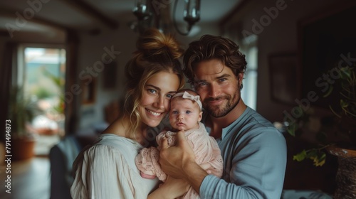 Portrait of a happy young family in a warm home environment. Smiling parents hold their adorable newborn, showcasing love and familial bond. photo