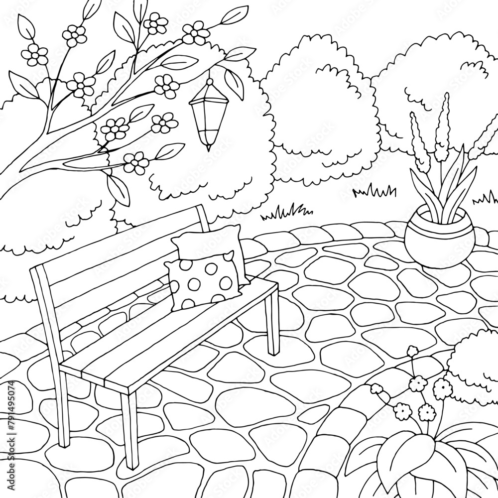 Fototapeta premium Spring garden graphic black white sketch illustration vector