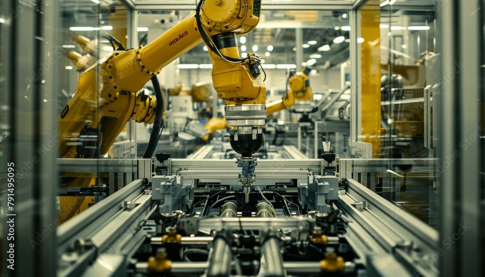 robot arm in action within a smart industrial factory. robot arms in production line zones.