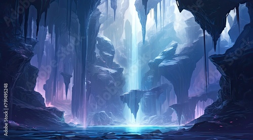 Enchanted sapphire waterfall cave with bioluminescent allure