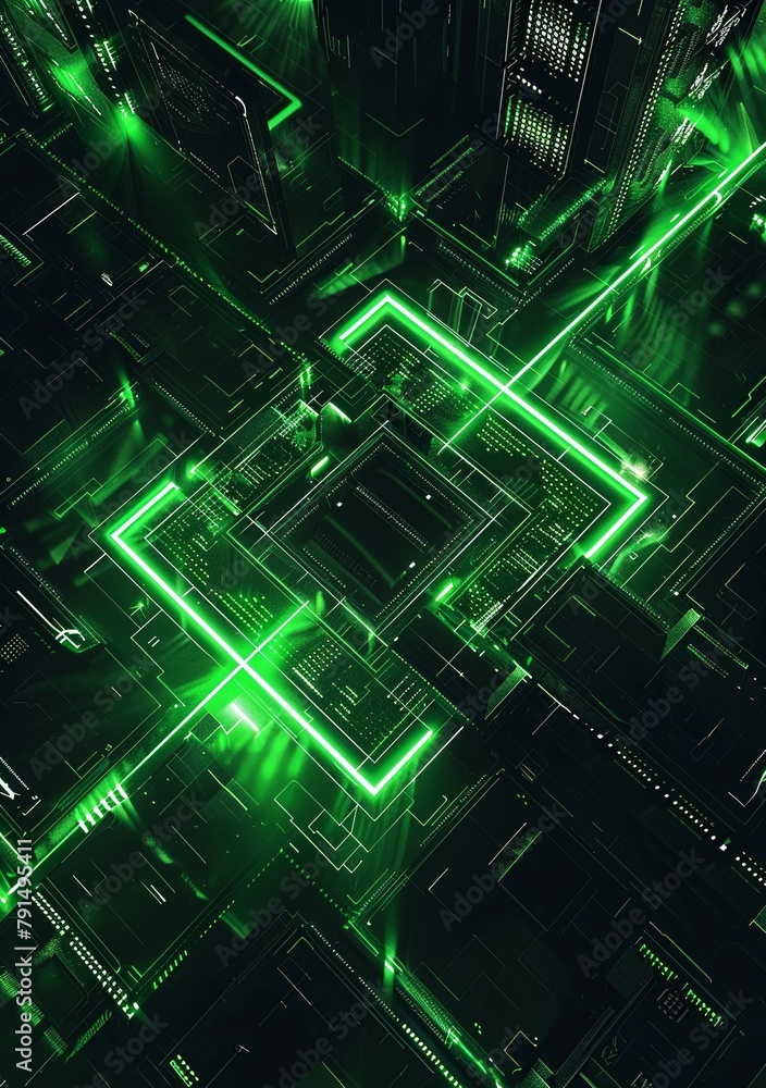 abstract digital background, cyberpunk style, green neon lights, geometric shapes, dark black and white color scheme