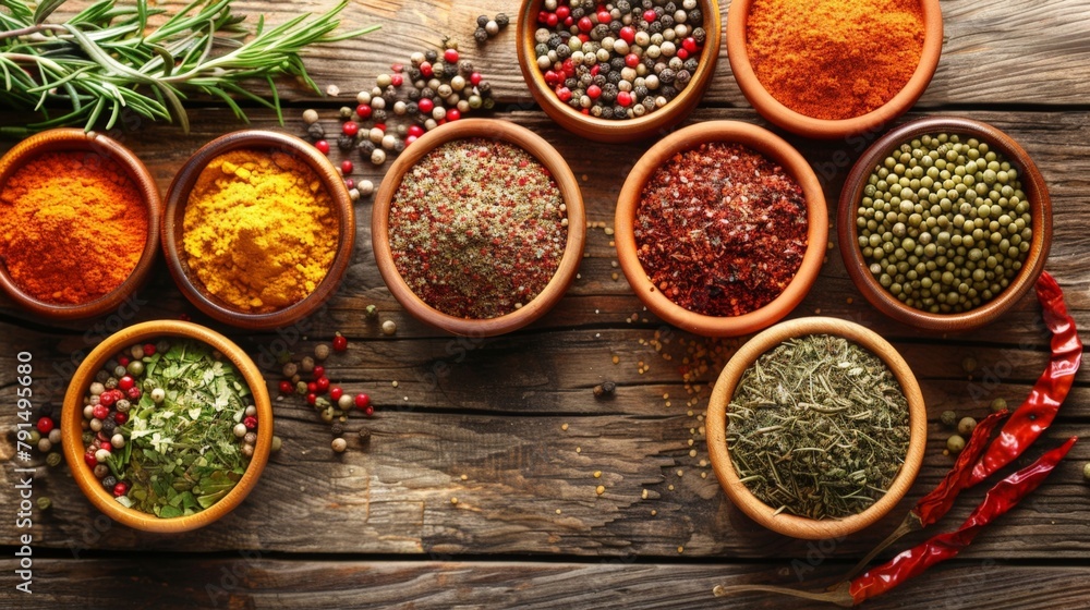 Close-up of Various Spices in Wooden Bowls Close-up of Various Spices in Wooden Bowls