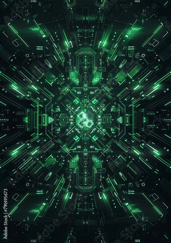 abstract digital background, cyberpunk style, green neon lights, geometric shapes, dark black and white color scheme