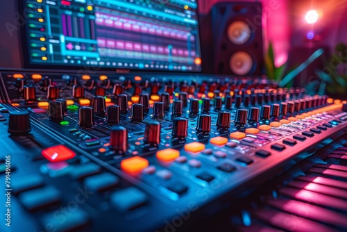 A vibrant detailed shot of a music production mixer with illuminated dials and sliders