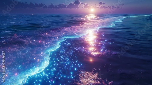 Magical ocean waves glowing with bioluminescence under the night sky  a fusion of nature and fantasy