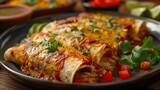 Baked Enchiladas Topped With Melted Cheese And Fresh Herbs, Served With Sides In A Traditional Earthenware Dish, Hearty Mexican Meal, AI Generated