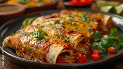 Baked Enchiladas Topped With Melted Cheese And Fresh Herbs, Served With Sides In A Traditional Earthenware Dish, Hearty Mexican Meal, AI Generated