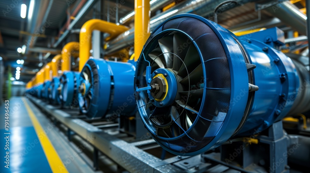 Close-up of blue industrial pumps connected by yellow pipes in a factory setting. Close-up of blue industrial pumps connected by yellow pipes in a factory setting.