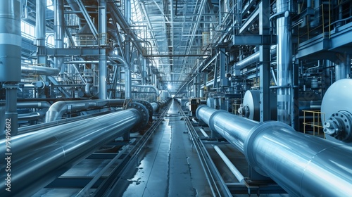 Modern industrial interior of a factory with pipelines and machinery