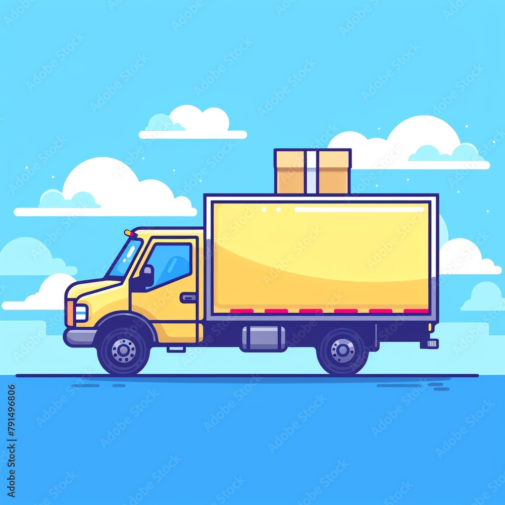 Home delivery truck icon, with a package on top, symbolizing fast delivery, sky blue background