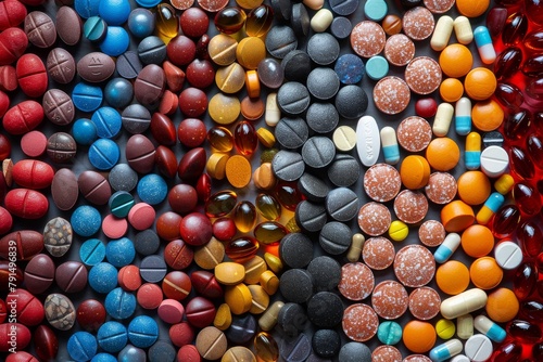 This image showcases a multitude of pills and capsules showcasing the variety and complexity of modern pharmaceuticals and health supplements