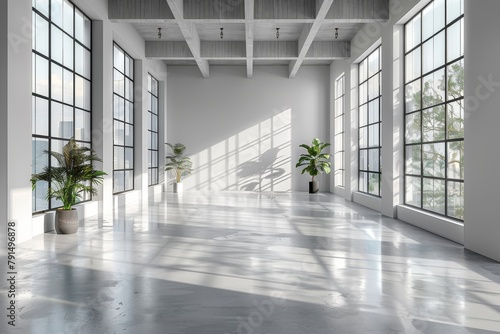 A modern gallery or loft space with an artistic play of light and shadow through large panoramic windows, creating a dramatic and creative atmosphere