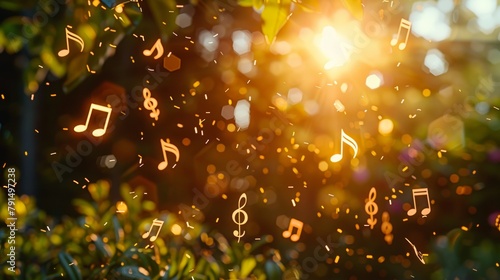Sunset serenade with glowing musical notes floating over a wildflower meadow  a symphony of light and music