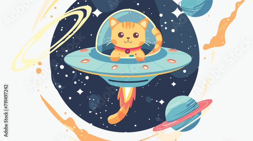 Cute cat astronaut traveling in outer space 