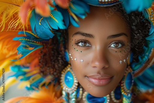 Intimate close-up of a carnival dancer's face, decorated with glitter and colorful feather accessories