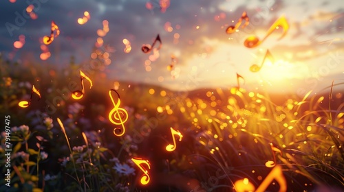 Sunset serenade with glowing musical notes floating over a wildflower meadow, a symphony of light and music photo