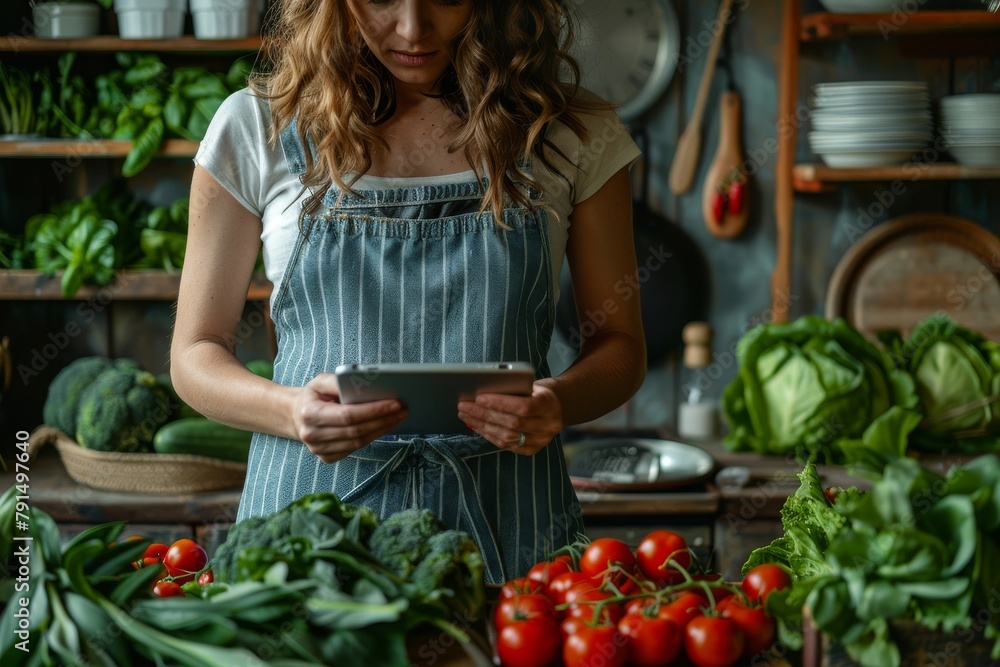 Focused young woman wearing an apron browses a tablet surrounded by an abundance of green fresh produce in a rustic kitchen setting Focused young woman wearing an apron browses a tablet surrounded by an abundance of green fresh produce in a rustic kitchen setting