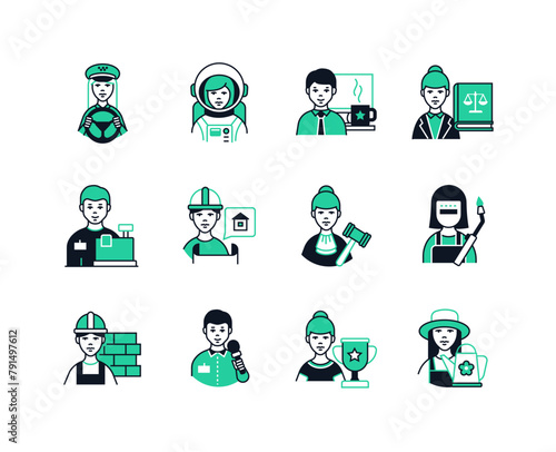 Professions for women and men - line design style icons set with editable stroke. Taxi driver, astronaut, office worker, lawyer, welder, cashier, builder, judge, foreman, journalist, master of sports