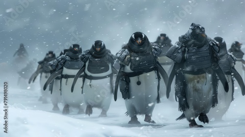 A group of penguins donned iceresistant armor, waddling bravely through the Arctic blizzard, like small, determined knights