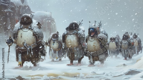 A group of penguins donned iceresistant armor, waddling bravely through the Arctic blizzard, like small, determined knights photo