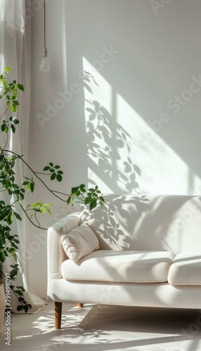 Airy white wall empty room with plants arranged on the floor, infusing space with natural freshness