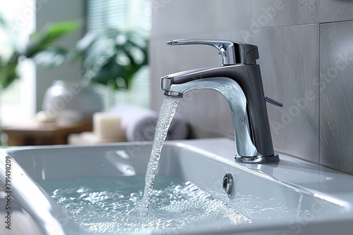 Close-up of a sleek modern bathroom faucet with clear running water and water splashes in a clean sink