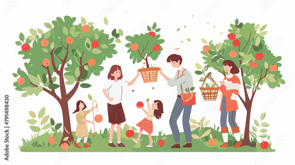 Cute family picking apples in garden vector flat illustrations