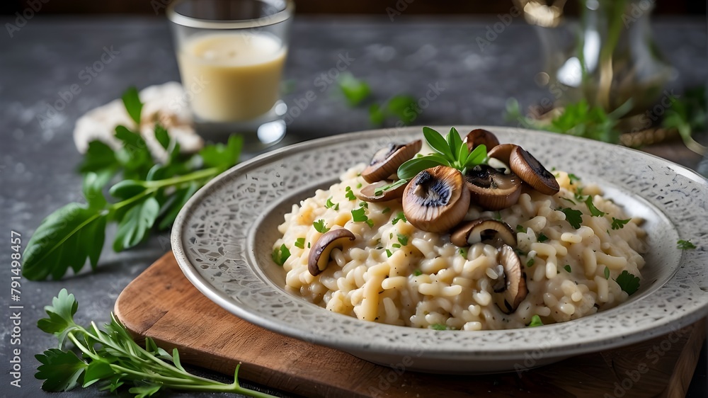 Bowl of creamy risotto with sautéed mushrooms, garnished with parmesan and fresh herbs.
