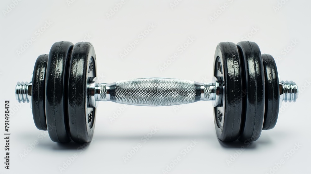 Sleek dumbbell on white background represents strength training and fitness commitment Sleek dumbbell on white background represents strength training and fitness commitment