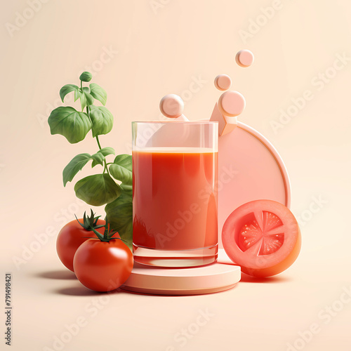 A glass of tomato juice stands on a round stand, fresh tomatoes and a sprig of herbs next to it