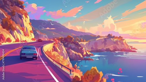 highway landscape at colorful sunset. road view on mediterranean coast of spain. coastal road landscape beautiful nature scenery. car driving on mountain road by the sea. summer vacation on the