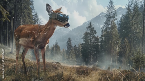 A majestic deer, wearing a lightweight alloy helmet, stood at the forest s edge, watching over its domain with regal grace photo