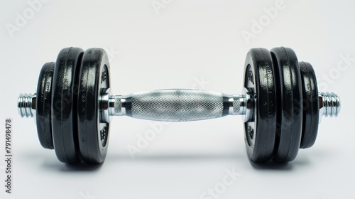 Sleek dumbbell on white background represents strength training and fitness commitment