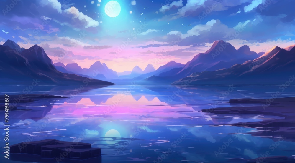  Tranquil lotus lake under a vibrant moonlit sky with mountain silhouettes