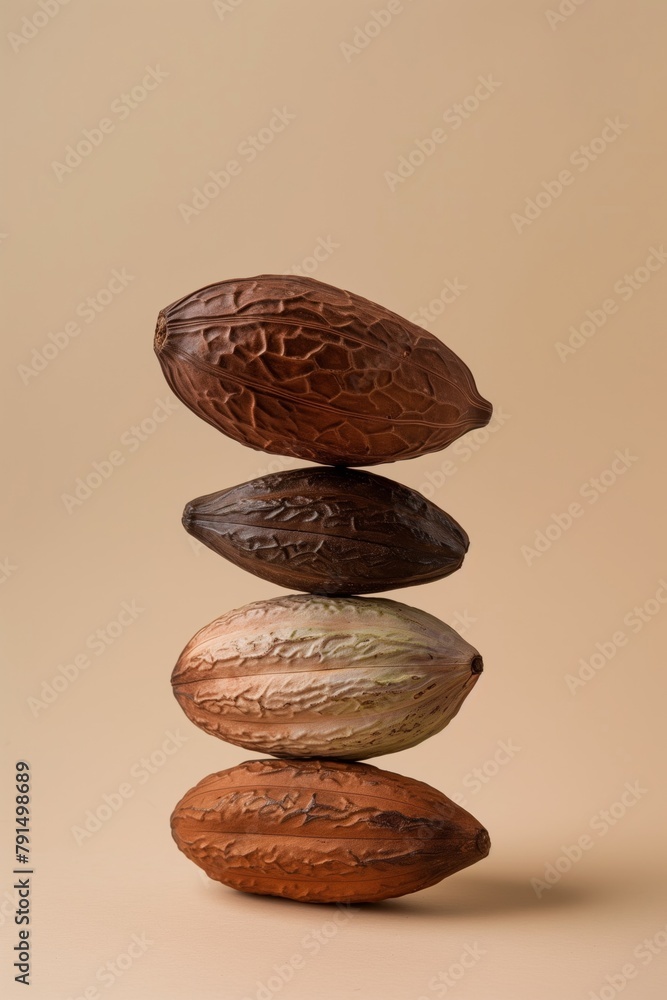 A balanced stack of four cocoa pods arranged vertically on a beige background. - obrazy, fototapety, plakaty 