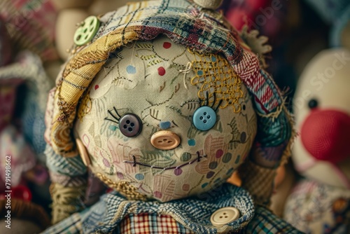 A patchwork doll with mismatched buttons for eyes offered the coziest hugs in a room filled with toys, light watercolor style photo